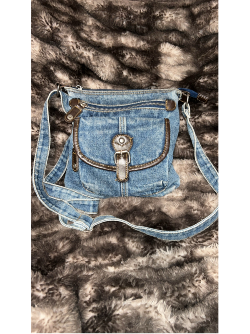 Women's Unbranded Denim Crossbody Bag One Size Blue and Brown